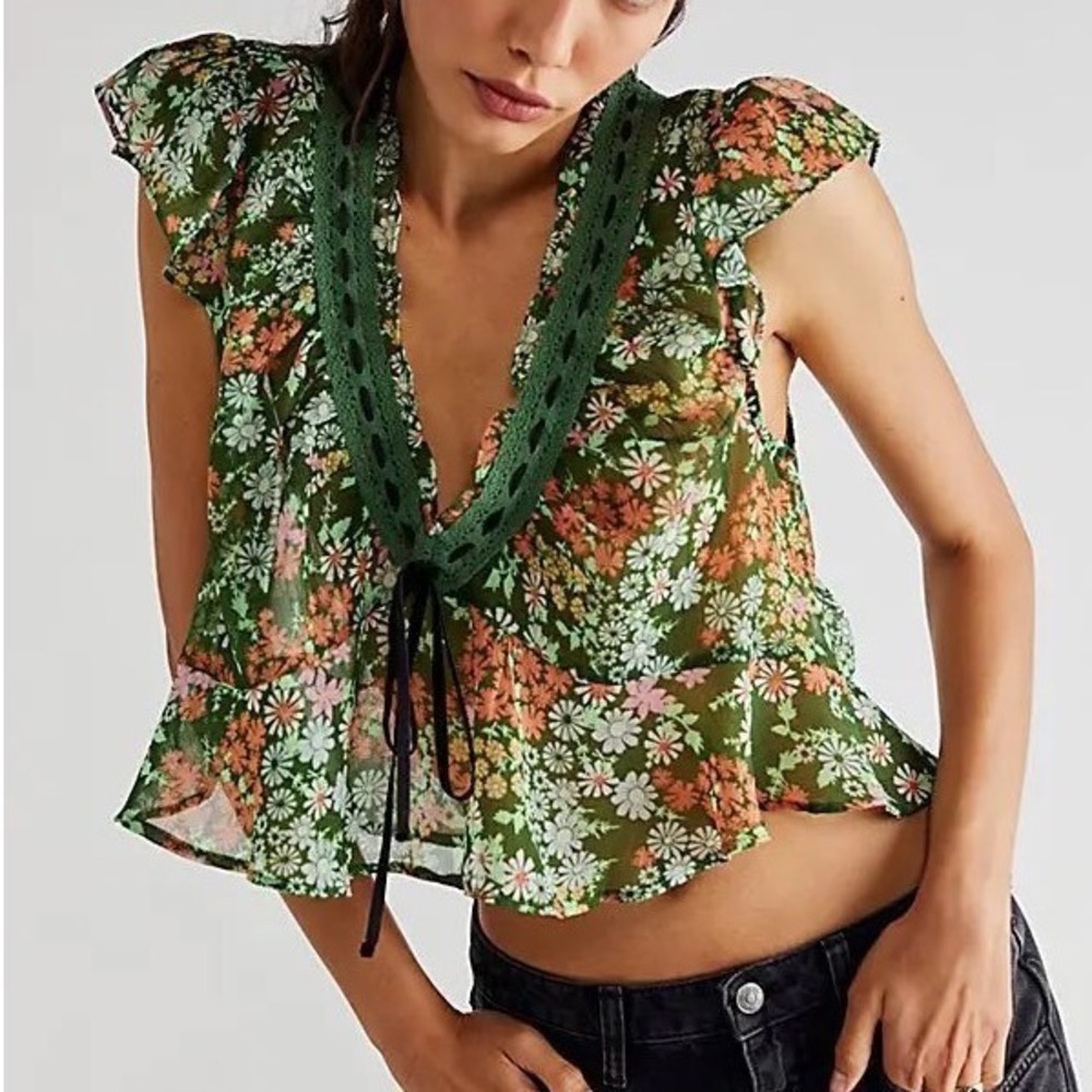 Free People Rylee Printed Top Sheer Blouse Green Floral Trim Ruffle - Medium